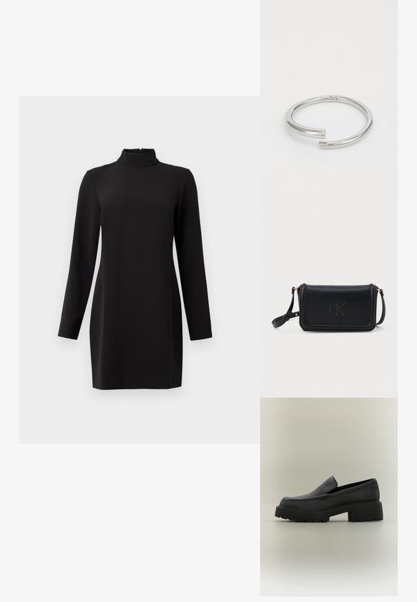 Vestido negro de manga larga con cuello alto, hecho de una tela suave. Presenta un corte recto y una cremallera en la parte posterior. Diseño minimalista, sin patrones.; Mocasín de cuero negro con suela gruesa, tacón de bloque y pequeño logo metálico en la parte superior, mostrado de perfil sobre un fondo neutro.; Bolso cruzado de cuero negro con un acabado texturizado, que cuenta con una tapa superior, logo "cK" estampado y acentos de hardware en tono dorado.; Calvin Klein SPIRAL - Pulsera - silver-coloured