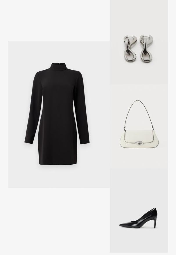 Sort langærmet kjole med høj krave, lavet af glat stof. Har en lige pasform og en lynlås i ryggen. Minimalistisk design uden mønstre.; Sort læder højhælede sko med spids tå, glat tekstur og en taperet hæl. Minimalistisk design uden yderligere udsmykninger.; Hvid lædertaske med et buet design, kontrasterende sort syning og en sølvfarvet beslaglås med Calvin Klein-logoet.; Par af sølvtonede metale øreringe med abstrakt sammenflettet løbedesign på hvid baggrund.