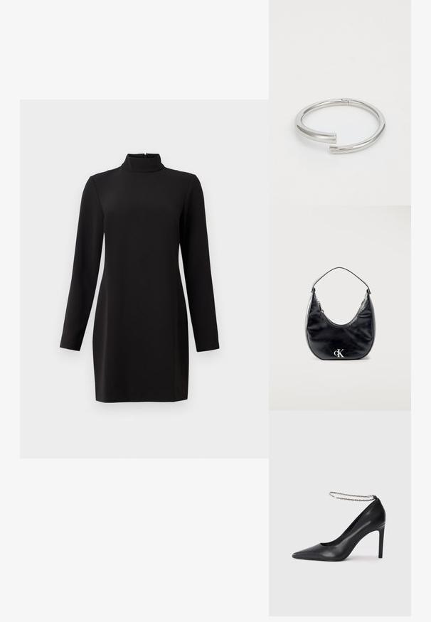 Sort langærmet kjole med høj krave, lavet af glat stof. Har en lige pasform og en lynlås i ryggen. Minimalistisk design uden mønstre.; Sorte læder højhælede pumps med spids tå, der har en tynd sølvkæde ankelrem og en slank, glat tekstur.; Sort lædertaske i halvmåneform med kort strop og sølvfarvet "cK"-logo foran, lynlåslukning i toppen.; Calvin Klein SPIRAL - Armbånd - silver-coloured
