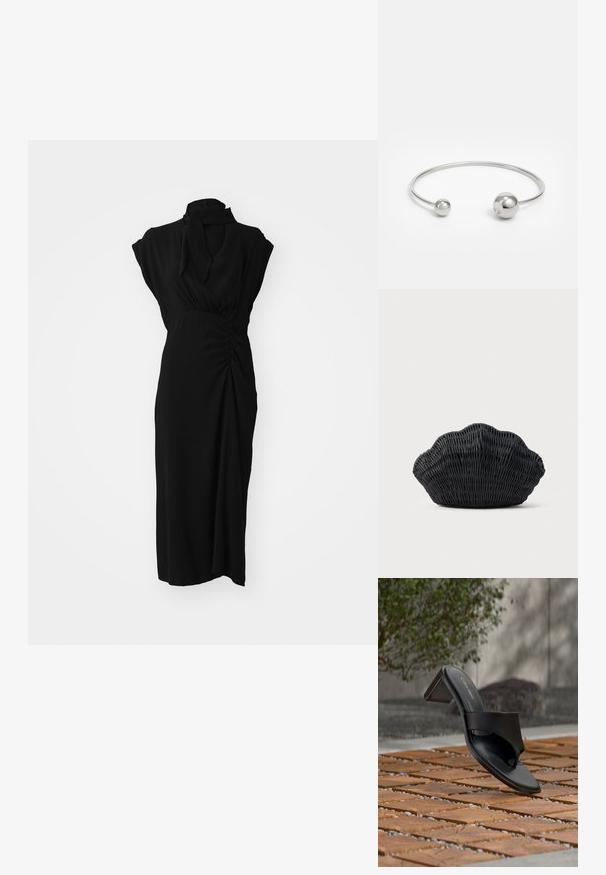 Schwarzes Kleid mit hohem Kragen, kurzen Ärmeln und gerafftem Detail an der Taille, aus einem glatten, strukturierten Stoff und knielang.; Schwarze Calvin Klein Sandale mit Absatz und Zehenschlaufe auf einem Holzkachelfußboden im Freien neben einem Baum und einer Steinmauer.; Schwarze Korbtasche in Muschelform mit gebogenem Oberteil und gewebter Textur auf einfarbigem Hintergrund.; Silberner Metallarmreif mit zwei kugelförmigen Akzenten an jedem Ende, glatte Oberfläche, offenes Design und schlanker, minimalistischer Form.
