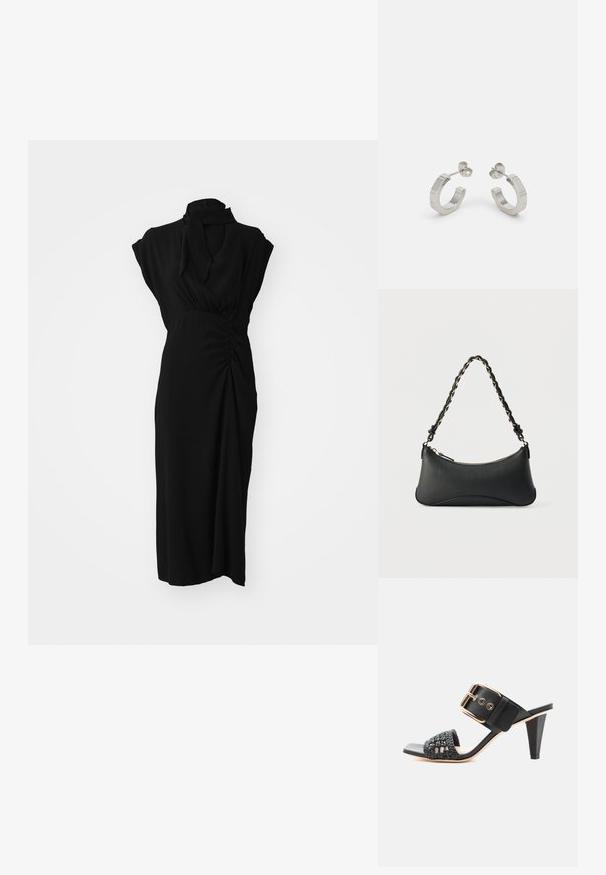 Schwarzes Kleid mit hohem Kragen, kurzen Ärmeln und gerafftem Detail an der Taille, aus einem glatten, strukturierten Stoff und knielang.; Schwarze High-Heel-Sandale mit geflochtenem Frontriemen und breitem Knöchelriemen mit großer goldener Schnalle auf weißem Hintergrund.; Schwarze Lederschultertasche mit gewölbter rechteckiger Form, goldener Kette, die in den geflochtenen schwarzen Riemen eingewebt ist, und Reißverschlussverschluss oben.; Silberne Metall-Hoops mit strukturiertem Design, ausgestattet mit einem kleinen Steckverschluss und Branding an einem Hoop. Abgerundete Form mit glänzender Oberfläche.