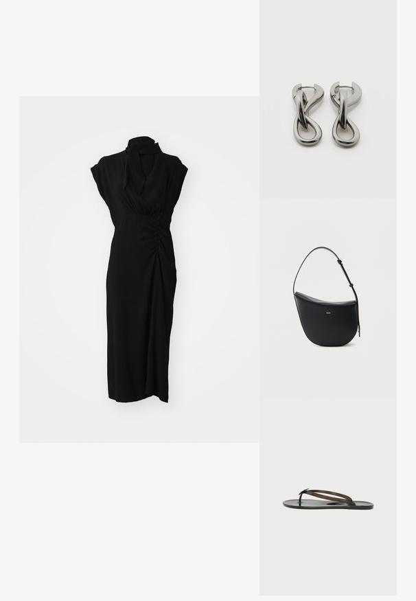 Vestido negro con un cuello alto, mangas cortas y detalles fruncidos en la cintura, con una tela suave y texturizada y corte hasta la rodilla.; Sandalia plana tipo flip-flop negra y brillante con tiras finas que cruzan sobre el pie y una sujeción entre los dedos, sobre un fondo claro y liso.; Bolso de hombro de cuero negro en forma de media luna, con correa ajustable y logo dorado "BOSS" centrado en el frente.; Par de pendientes de metal con acabado plateado y diseño abstracto de bucles entrelazados sobre un fondo blanco.