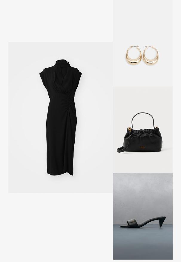 Vestido negro con un cuello alto, mangas cortas y detalles fruncidos en la cintura, con una tela suave y texturizada y corte hasta la rodilla.; Sandalia de tacón abierta de cuero negro con un logo dorado en la correa, flotando sobre una superficie exterior de baldosas con vegetación al fondo.; Bolso de piel negra con parte superior fruncida, una asa corta y una correa de hombro removible. Presenta un acento de logo dorado y una textura suave.; Pendientes de aro en tono dorado con forma de media luna, superficie pulida y cierre tipo bisagra. La textura suave y el acabado reflectante mejoran la visibilidad.