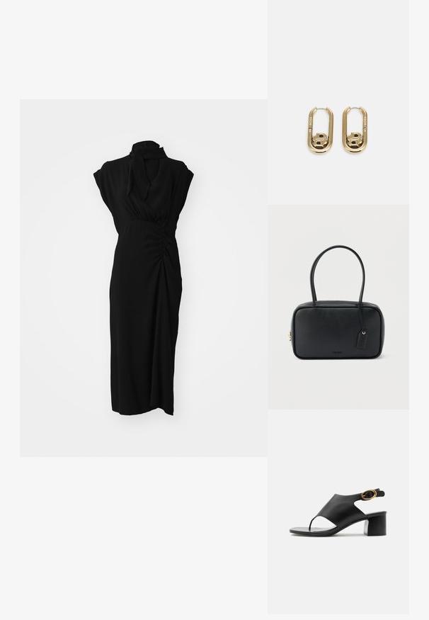 Schwarzes Kleid mit hohem Kragen, kurzen Ärmeln und gerafftem Detail an der Taille, aus einem glatten, strukturierten Stoff und knielang.; Schwarze Leder-Damenslingback-Sandale mit offenem Zeh, goldener ovaler Schnalle und Blockabsatz auf weißem Hintergrund.; Schwarze rechteckige Handtasche mit doppelten, abgerundeten Griffen, goldfarbenem Reißverschluss und geprägtem „HUGO“-Logo auf der Vorderseite sowie angebrachtem Lederanhänger.; BOSS DOUBLE B SWING - Ohrringe - gold-coloured
