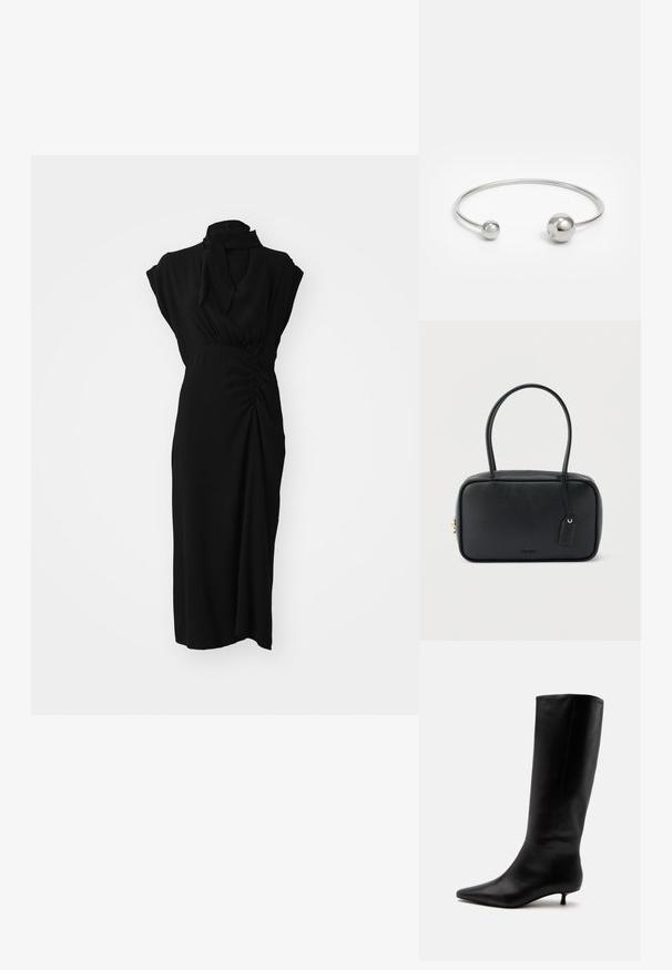 Vestido negro con un cuello alto, mangas cortas y detalles fruncidos en la cintura, con una tela suave y texturizada y corte hasta la rodilla.; Bota alta de cuero negro hasta la rodilla con puntera puntiaguda y tacón bajo tipo kitten sobre un fondo claro y liso.; Bolso rectangular negro con asas dobles redondeadas, cremallera dorada y logo "HUGO" en relieve en el frente con etiqueta de cuero adjunta.; Brazalete de metal plateado con dos acentos esféricos en cada extremo, superficie lisa, diseño abierto y forma elegante y minimalista.