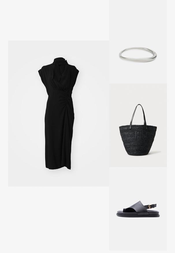 Schwarzes Kleid mit hohem Kragen, kurzen Ärmeln und gerafftem Detail an der Taille, aus einem glatten, strukturierten Stoff und knielang.; Schwarze Leder-Sandale mit offenem Zehenbereich, breitem Riemen, Fersenschlaufe mit goldener Schnalle und flacher Sohle vor einem schlichten hellen Hintergrund.; Schwarze, gewebte Tragetasche mit zwei dünnen Ledergriffen und einem dezenten, geflochtenen Logo auf der Vorderseite, stehend vor einem hellen Hintergrund.; Silbernes Metallarmband mit einem glatten, abgerundeten Design. Es hat ein schlankes Profil und eine dezente Gravur der Marke "Calvin Klein" innen.