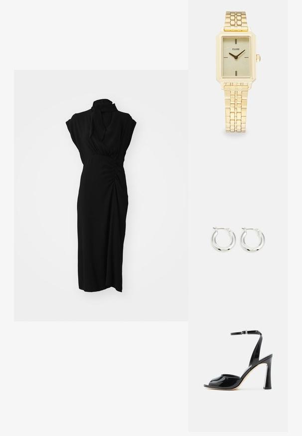 Schwarzes Kleid mit hohem Kragen, kurzen Ärmeln und gerafftem Detail an der Taille, aus einem glatten, strukturierten Stoff und knielang.; Schwarze Sandalette aus Lackleder mit hohem Absatz, offenem Zehenbereich und dünnem Knöchelriemen mit Schnalle vor weißem Hintergrund.; Goldenes rechteckiges Armbanduhr mit einem strukturierten hellgrünen Zifferblatt, zwei schwarzen Stundenmarkierungen, einem goldenen Metallarmband und einem minimalistischen Design.; Silberne Creolen mit glänzender Oberfläche, die eine kreisrunde Form haben und mit einem schwenkbaren Verschluss ausgestattet sind. Glatte Textur mit minimalen Details.