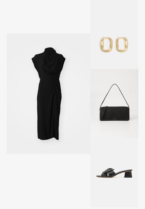 Vestido negro con un cuello alto, mangas cortas y detalles fruncidos en la cintura, con una tela suave y texturizada y corte hasta la rodilla.; Sandalias de piel negra con tiras anchas y detalle de cadena, punta descubierta y tacón geométrico. Textura suave y diseño minimalista.; Bolso de mano negro con un patrón tejido texturizado, acentos de cuero, forma delgada y una larga correa para el hombro. Detalle del logo dorado en la parte delantera.; sweet deluxe DELILAH - Pendientes - gold-coloured