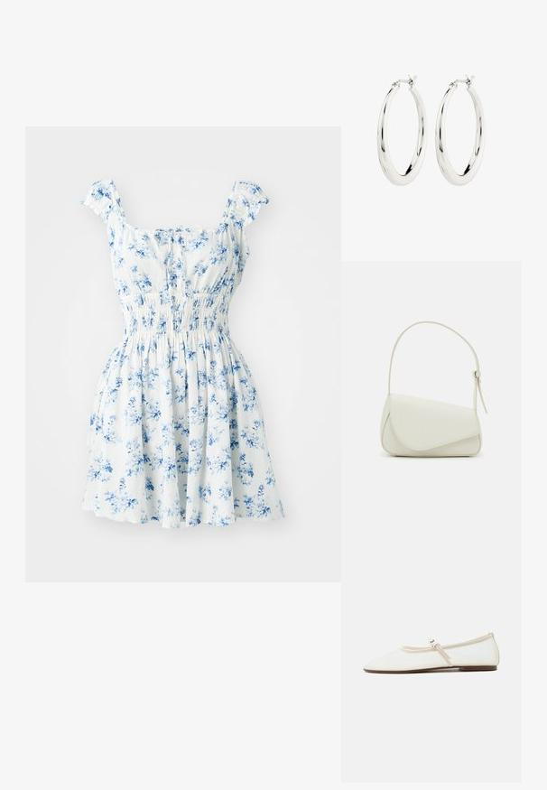 Vestido floral con mangas cortas de volantes, tejido blanco estampado con flores azules, cintura fruncida y falda acampanada.; Zapato plano Mary Jane blanco con puntera puntiaguda, tira delgada ajustable con hebilla plateada y suela marrón sobre fondo blanco.; Bolso de mano de imitación cuero blanco con una forma triangular estructurada, correa ajustable única y cierre con solapa acentuada en curva.; Pendientes de aro de plata con un acabado suave y brillante. Forma circular, con un cierre seguro. Diseño sencillo y elegante.