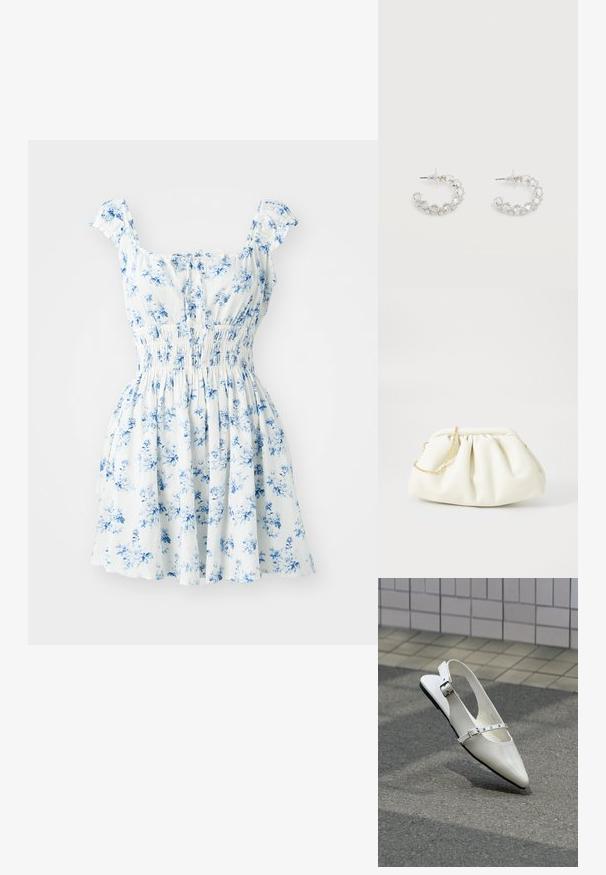 Bloemenjurk met korte gerimpelde mouwen, witte stof bedrukt met blauwe bloemen, gerimpelde taille en uitlopende rok.; Witte puntige slingback platte schoen met twee zilveren gespen, getoond buiten op een getextureerde ondergrond en betegelde muur als achtergrond.; Witte leren handtas met een geassembleerd ontwerp, voorzien van een gouden kettingband en een ronde vorm. Gladde textuur met zachte plooien en geen patronen.; Zilveren oorringen met open ronde vorm, bezet met heldere gefacetteerde kristallen, met postbevestigingen en transparante oorstoppers op een witte achtergrond.