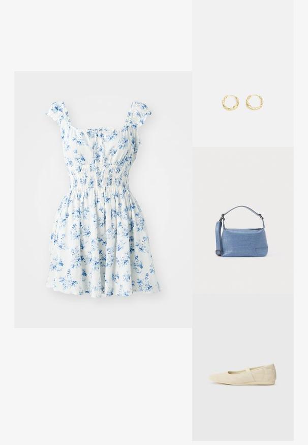 Bloemenjurk met korte gerimpelde mouwen, witte stof bedrukt met blauwe bloemen, gerimpelde taille en uitlopende rok.; Beige ballerina's met een gladde leren buitenkant, amandelvormige punt en elastische band over de wreef, met subtiele stiksels.; Lichtblauwe handtas met krokodillenprint, voorzien van een korte handgreep en een afneembare schouderriem. Gladde textuur met een ritssluiting.; Gouden creolen met een gestructureerd, onregelmatig oppervlak. Beschikt over een lichtgewicht ontwerp en een ronde vorm, geschikt voor dagelijks gebruik.