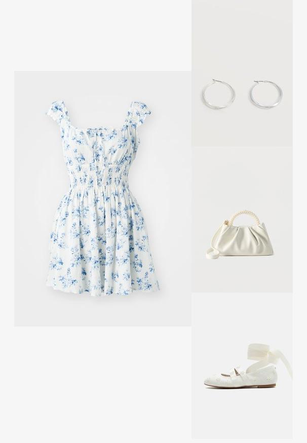 Bloemenjurk met korte gerimpelde mouwen, witte stof bedrukt met blauwe bloemen, gerimpelde taille en uitlopende rok.; Witte balletschoen met geborduurde bloemen, dubbele bandjes over de voet en lange linten die om de enkel worden gestrikt, op een effen achtergrond.; Kleine witte handtas met een gerimpeld lichaam, ronde handgreep versierd met parels en een afneembare schouderriem tegen een effen achtergrond.; Zilverkleurige metalen creolen oorbellen met een glad, licht gebogen oppervlak en sluitingen met haaksluiting op een effen witte achtergrond.