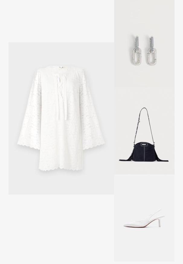Weißes Spitzen-Tunika mit rundem Ausschnitt, langen, ausgestellt geschnittenen Ärmeln und einer vorderen Krawattendetail. Der gewellte Saum sorgt für Textur und visuelles Interesse.; Damen-Slingback-Schuh aus weißem Leder mit spitzer Spitze, niedrigem Kitten-Heel und kleiner dekorativer Schleife oben, seitlich dargestellt.; Dunkelblaue Wildlederhandtasche mit weißen Nähten, einem ausgeschnittenen Griff, gemustertem Schulterriemen und langen Fransen an beiden Seiten.; Silberfarbene Tropfenohrringe mit rechteckigem Gliederdesign, bedeckt mit kleinen funkelnden Kristallen auf weißem Hintergrund.