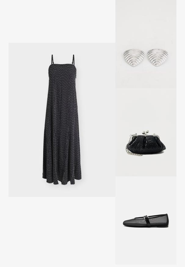 Robe maxi noire sans manches avec fines rayures blanches verticales et bretelles spaghetti réglables, tissu fluide.; Ballerine noire en mesh avec bout rond et bride Mary Jane réglable avec boucle argentée, sur un fond gris clair uni.; Pochette noire à paillettes avec un cadre argenté, un design plissé et une bandoulière chaîne. Dotée de deux fermoirs sphériques sur le dessus.; Boucles d'oreilles en argent avec un design ondulé et texturé, en forme de croissants superposés ; la finition polie accentue les qualités réfléchissantes.