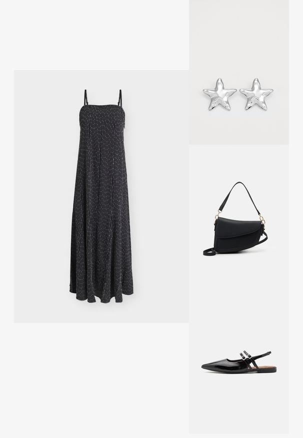 Robe maxi noire sans manches avec fines rayures blanches verticales et bretelles spaghetti réglables, tissu fluide.; Des chaussures slingbacks en cuir verni noir présentent un bout pointu, deux sangles avec des accents de boucle, et une semelle plate.; Sac à main en cuir noir avec une finition texturée, doté d'une seule bandoulière et d'accents en métal doré. Le design est élégant et minimaliste.; Boucles d'oreilles argentées en forme d'étoile, avec une surface lisse et brillante. Chaque boucle d'oreille possède cinq pointes et des détails subtils de texture de surface.