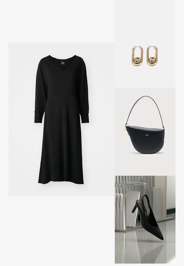 Robe noire à manches longues, décolleté en V, design fluide, longueur genou et buste ajusté. Tissu doux avec un léger éclat et des coutures structurées.; Chaussure à talon haut à bout pointu et bride arrière suspendue en l'air au-dessus d'un sol brillant avec des classeurs empilés en arrière-plan.; Sac à main demi-lune en cuir noir avec une bandoulière unique et un logo BOSS doré centré sur le devant.; BOSS DOUBLE B SWING - Boucles d'oreilles - gold-coloured
