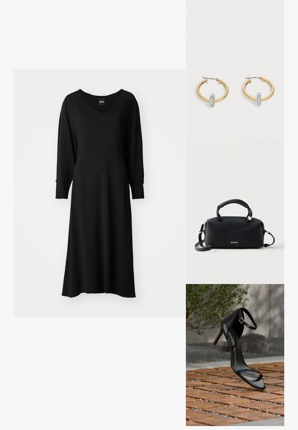 Schwarzes Kleid mit langen Ärmeln, V-Ausschnitt, fließendem Design, knielang und tailliertem Oberteil. Weicher Stoff mit leichtem Glanz und strukturierten Nähten.; Schwarze Sandalette mit hohem Absatz und Knöchelriemen schwebt über einem Holzboden im Freien vor verschwommenem Grün und Steinhintergrund.; Schwarze Hugo-Handtasche mit geflochtenen oberen Griffen, goldfarbenen Beschlägen und abnehmbarem Schulterriemen auf schlichtem hellem Hintergrund.; Paar goldfarbene Creolen mit kleinem silberfarbenem Schlaufen-Detail an jeder, vor hellem grauem Hintergrund präsentiert.