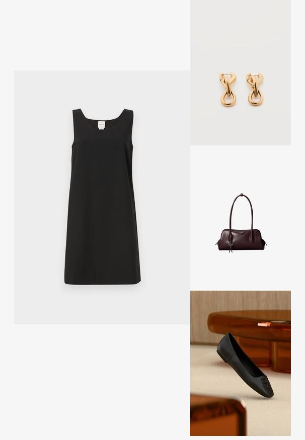Vestido negro sin mangas con escote cuadrado y corte recto, fabricado en tejido suave. Presenta un diseño minimalista y sin herrajes visibles.; Zapato plano de cuero negro con letras en relieve en la punta, sobre una alfombra beige y un fondo de muebles marrones transparentes.; Bolso de mano de cuero marrón oscuro Calvin Klein con asas dobles largas y un pequeño colgante con el logotipo colgando de una de las asas.; Par de pendientes de aro con acabado dorado brillante sobre fondo blanco liso, con diseño entrelazado y torsionado.