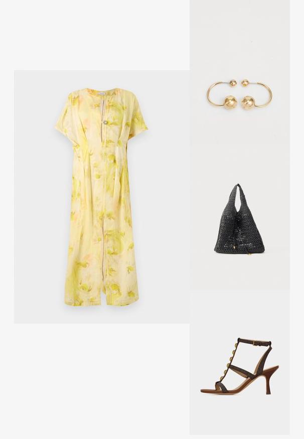 Gelbes Leinenkleid mit floralem Muster; kurze Ärmel, V-Ausschnitt und Knopfverschlussdetail an der Brust. Fließende Silhouette und knielanges Design.; Brauner Ledersandalette mit hohen Absätzen, goldenen Knopfdetails, Knöchelriemen und wooden Stilettabsatz vor weißem Hintergrund.; Schwarze gewebte Tasche mit offenem, netzartigem Muster. Verstellbarer Kordelzugverschluss und zwei Henkel. Einfaches Design ohne zusätzliche Verzierungen.; Ohrringe aus vergoldetem Metall mit einem kreisförmigen Design, das zwei Sphären zeigt: eine größere, strukturierte Kugel und eine kleinere, polierte Kugel an der Spitze.