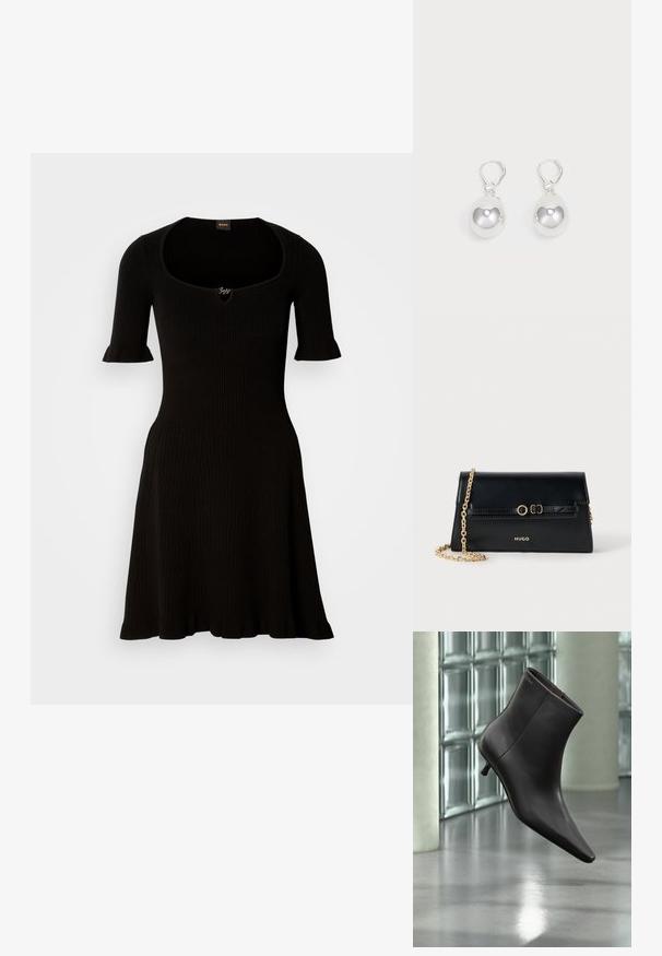 Vestido negro acanalado con escote barco y mangas cortas con volantes, que se ensancha suavemente desde la cintura. No se ven detalles adicionales.; Bota de cuero negro para el tobillo con puntera puntiaguda y tacón pequeño, exhibida frente a una pared de bloques de vidrio y un suelo pulido.; Bolso de mano de cuero negro con una correa de cadena dorada, forma rectangular, detalles en relieve en la solapa y logo dorado en la parte frontal.; Pendientes de plata en forma de gota con superficies redondas y reflectantes colgando de cierres de palanca. El fondo es blanco liso.