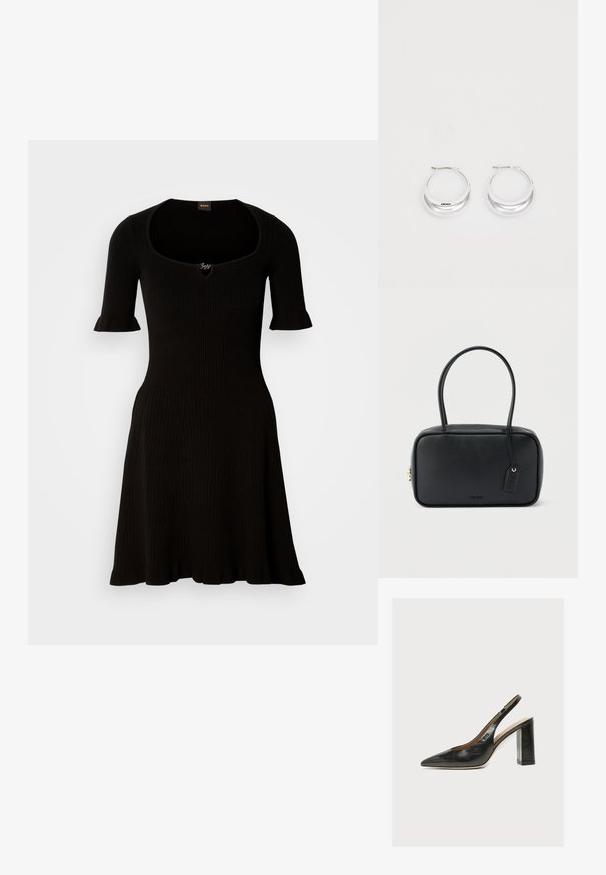 Vestido negro acanalado con escote barco y mangas cortas con volantes, que se ensancha suavemente desde la cintura. No se ven detalles adicionales.; Zapato de mujer slingback de piel negra con puntera puntiaguda y tacón alto grueso de bloque sobre fondo blanco.; Bolso rectangular negro con asas dobles redondeadas, cremallera dorada y logo "HUGO" en relieve en el frente con etiqueta de cuero adjunta.; Pendientes de aro de plata con un acabado pulido y la marca DKNY, exhibidos sobre un fondo blanco liso.