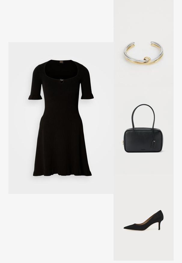 Vestido negro acanalado con escote barco y mangas cortas con volantes, que se ensancha suavemente desde la cintura. No se ven detalles adicionales.; Salón de ante negro con punta puntiaguda, tacón de aguja delgado de altura media y diseño de corte bajo sobre un fondo liso.; Bolso rectangular negro con asas dobles redondeadas, cremallera dorada y logo "HUGO" en relieve en el frente con etiqueta de cuero adjunta.; Pulsera de pulsera de metal que presenta bandas entrelazadas de plata y oro con un acabado suave y pulido. Detalle de nudo notable en el centro.