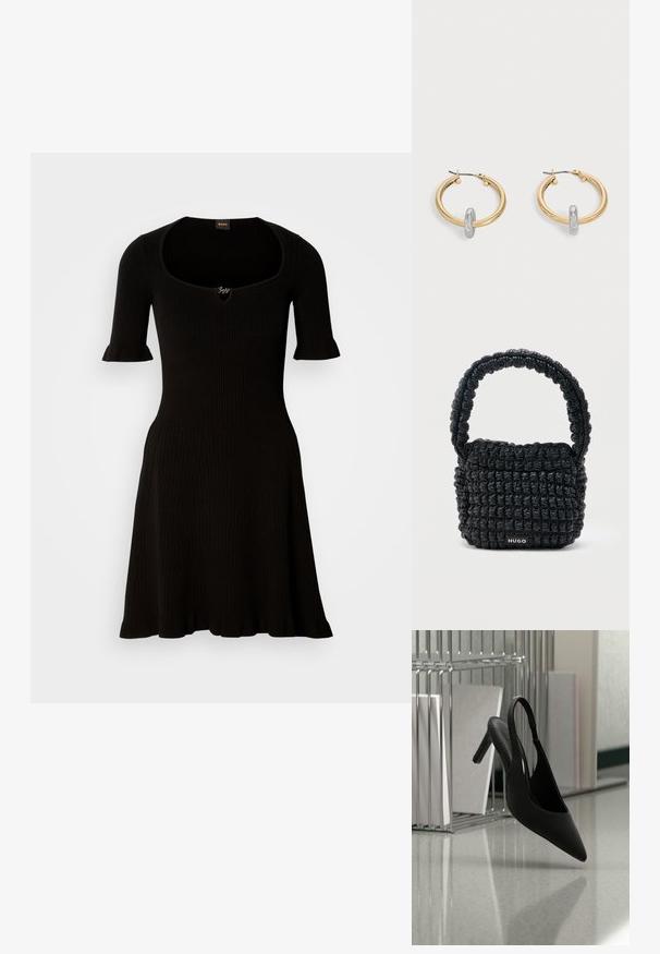 Robe noire à côtes avec un décolleté arrondi et de courtes manches volantées, s'évasant doucement à partir de la taille. Aucune autre détail visible.; Chaussure à talon haut à bout pointu et bride arrière suspendue en l'air au-dessus d'un sol brillant avec des classeurs empilés en arrière-plan.; Petit sac à main noir matelassé avec une poignée courte rembourrée et une étiquette "HUGO" à l'avant, présenté sur un fond clair uni.; Paire de boucles d'oreilles créoles dorées avec un petit détail boucle ton argent sur chaque, exposées sur fond gris clair.