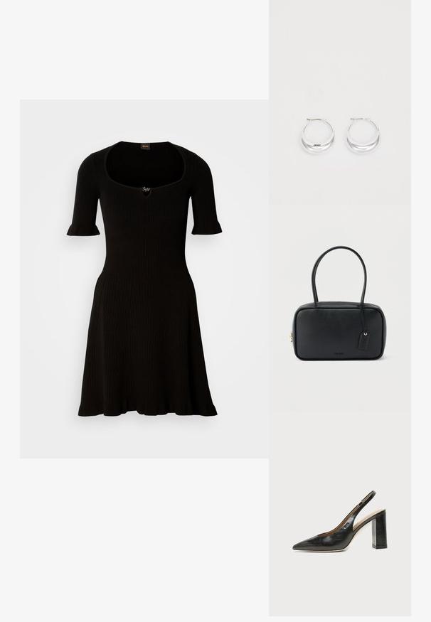 Robe noire à côtes avec un décolleté arrondi et de courtes manches volantées, s'évasant doucement à partir de la taille. Aucune autre détail visible.; Chaussure slingback en cuir noir à bout pointu avec un talon bloc haut et une doublure intérieure beige sur un fond clair uni.; Sac à main rectangulaire noir avec doubles poignées arrondies, fermeture éclair dorée et logo "HUGO" embossé sur le devant avec une étiquette en cuir attachée.; Boucles d'oreilles en argent avec une finition polie et un branding DKNY, présentées sur un fond blanc uni.