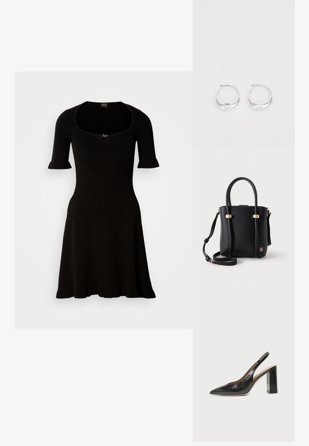 Vestido negro acanalado con escote barco y mangas cortas con volantes, que se ensancha suavemente desde la cintura. No se ven detalles adicionales.; Zapato slingback de piel negra con puntera puntiaguda, tacón alto y ancho, y forro interior beige sobre un fondo claro y liso.; Bolso de mano negro de cuero con dos asas con detalles dorados, una correa de hombro desmontable y un pequeño logo de la marca en la esquina inferior delantera.; Pendientes de aro de plata con un acabado pulido y la marca DKNY, exhibidos sobre un fondo blanco liso.