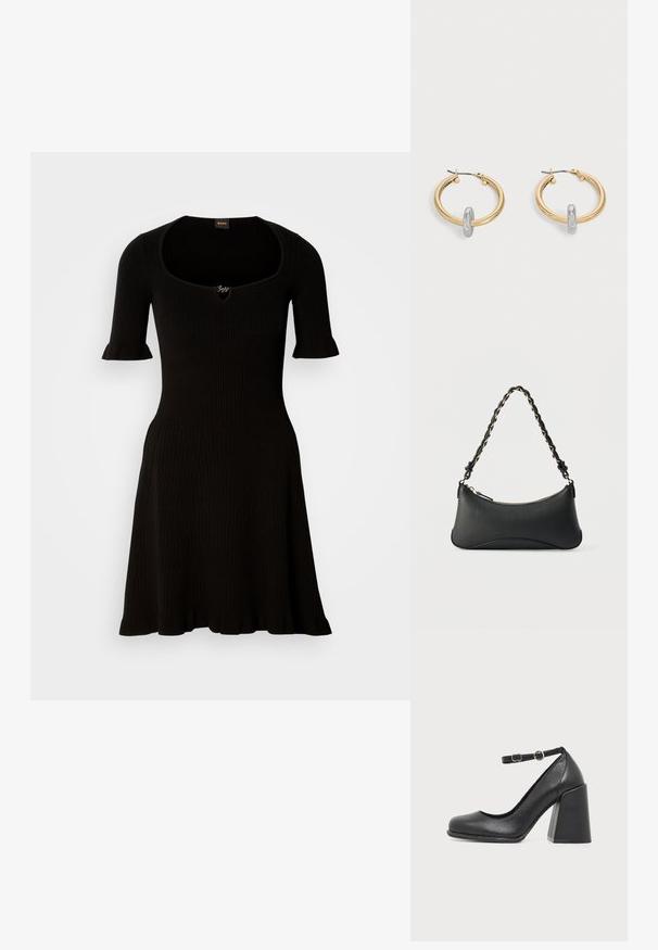 Schwarzes geripptes Kleid mit einem Rundhalsausschnitt und kurzen Rüschensleeves, das sich sanft von der Taille abbläht. Keine weiteren Details sichtbar.; Schwarzer Leder-Pumps mit abgerundeter Spitze und dickem Blockabsatz, mit verstellbarem Knöchelriemen und kleiner runder Schnalle.; Schwarze Lederschultertasche mit gewölbter rechteckiger Form, goldener Kette, die in den geflochtenen schwarzen Riemen eingewebt ist, und Reißverschlussverschluss oben.; Paar goldfarbene Creolen mit kleinem silberfarbenem Schlaufen-Detail an jeder, vor hellem grauem Hintergrund präsentiert.