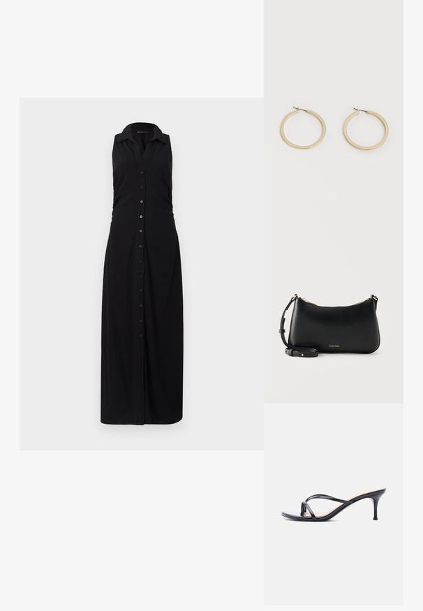 Schwarz ärmelloses Maxikleid mit Kragen, durchgehender Knopfleiste und gerafften Seitendetails, gefertigt aus weichem, dehnbaren Stoff.; Schwarze Peeptoe-Sandale aus Lackleder mit dünnen, gekreuzten Riemen und einem schlanken, mittelhohen Stilettoabsatz vor weißem Hintergrund.; Schwarze Leder-Schultertasche von Calvin Klein mit goldenem Reißverschluss und verstellbarem Riemen auf schlichtem hellem Hintergrund.; Paar mittelgroße, glatte Creolen in Goldton mit Scharnier-Verschlüssen auf einem einfarbigen hellen Hintergrund.