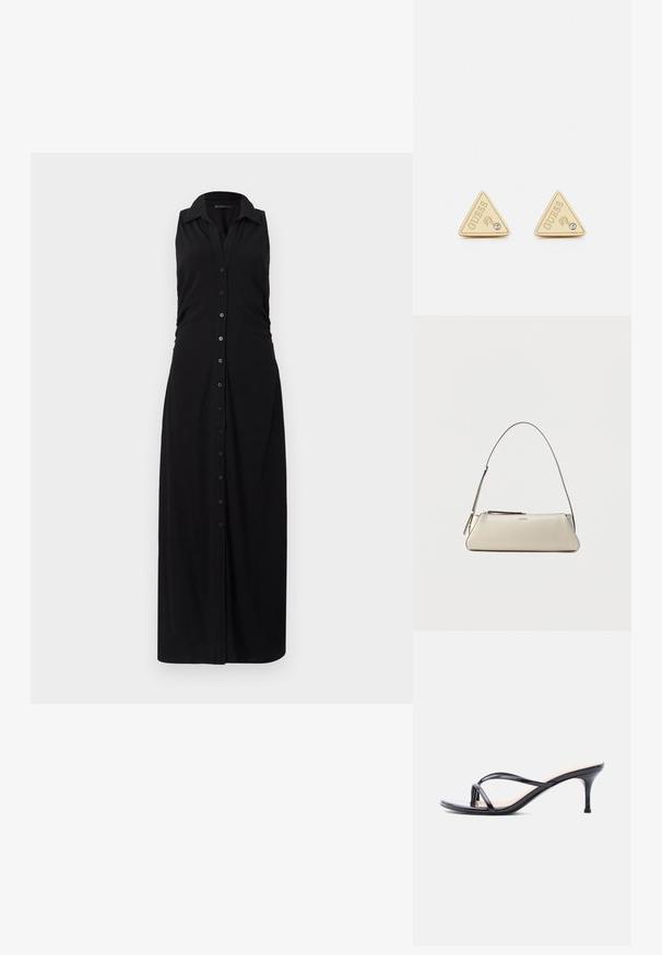 Schwarz ärmelloses Maxikleid mit Kragen, durchgehender Knopfleiste und gerafften Seitendetails, gefertigt aus weichem, dehnbaren Stoff.; Schwarze Peeptoe-Sandale aus Lackleder mit dünnen, gekreuzten Riemen und einem schlanken, mittelhohen Stilettoabsatz vor weißem Hintergrund.; Kleine beige Lederschultertasche mit dünnem Riemen und Reißverschluss, vorne in der Mitte mit einem dezenten metallischen Logo.; Guess PARTY - Ohrringe - gold-coloured