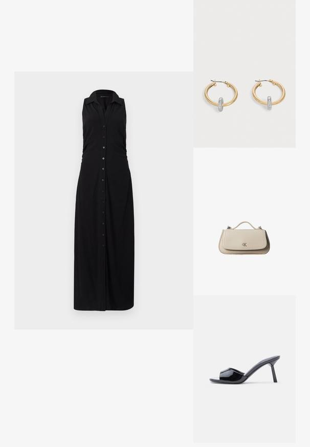 Schwarz ärmelloses Maxikleid mit Kragen, durchgehender Knopfleiste und gerafften Seitendetails, gefertigt aus weichem, dehnbaren Stoff.; Schwarze Sandalen mit Absatz aus Lackleder, offenem Zehenbereich, mit geschwungenem Obermaterial und spitz zulaufendem Stilettoabsatz. Glatte, glänzende Oberfläche.; Kleine beigefarbene Lederhandtasche mit oberem Griff und silbernem CK-Logo auf der Frontklappe, vor weißem Hintergrund dargestellt.; Paar goldfarbene Creolen mit kleinem silberfarbenem Schlaufen-Detail an jeder, vor hellem grauem Hintergrund präsentiert.