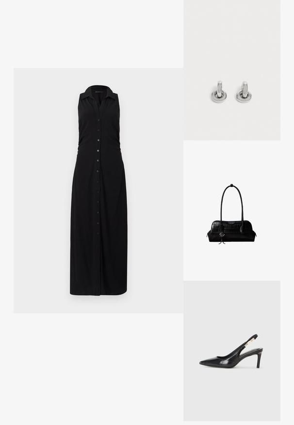 Sort ærmeløs maxi kjole med krave, knappet front og samlet sidedele, lavet af blødt, strækbart stof.; Sort læder slingback højhælede sko med spidse tæer, glat overflade og en smal ankelrem med guldfarvede hardware detaljer.; Sort skuldertaske i krokodillelæder med lange stropper og lille sølvlogo-charm på den ene strop.; Par små, skinnende sølv hoops med rund base, vist på en ensfarvet lys baggrund.