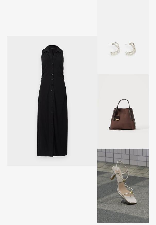 Sort ærmeløs maxi kjole med krave, knappet front og samlet sidedele, lavet af blødt, strækbart stof.; Beige sandal med hæl og stropper, guldspænde og dekorativ guldkugle, på brostensbelagt underlag nær flisebelagt væg.; Mørkebrun læder- og ruskindtaske med korte håndtag, en aftagelig skulderrem og et lille hængende lædermærke.; Sølv hoops øreringe med et snoet, bølget design. Lavet af skinnende metal, med en lås til sikker bæring. Glat overflade, mellemstørrelse.