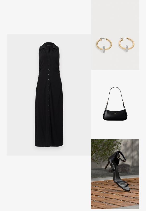 Schwarz ärmelloses Maxikleid mit Kragen, durchgehender Knopfleiste und gerafften Seitendetails, gefertigt aus weichem, dehnbaren Stoff.; Schwarze Sandalette mit hohem Absatz und Knöchelriemen schwebt über einem Holzboden im Freien vor verschwommenem Grün und Steinhintergrund.; Schwarze kleine Lederschultertasche mit dünnem Riemen und kleinem goldenem CK-Logo auf der Vorderseite in der Mitte.; Paar goldfarbene Creolen mit kleinem silberfarbenem Schlaufen-Detail an jeder, vor hellem grauem Hintergrund präsentiert.