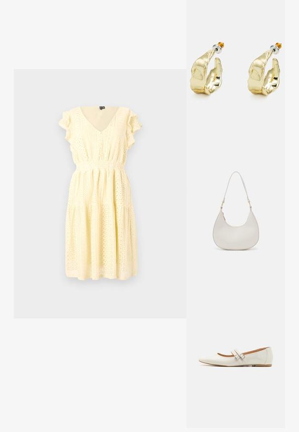 Vestido amarillo de manga corta con escote en forma de V, patrones florales texturizados, cintura fruncida y falda en capas. Tejido ligero con un corte fluido.; Bailarinas de charol blanco con punta afilada, dos tiras decorativas con hebillas plateadas y una plantilla sutilmente marrón.; Bolso de hombro de cuero crema con forma de media luna, correa delgada y sutil detalle de costuras. Diseño minimalista con acentos de hardware en tono dorado.; Pendientes en tono dorado con forma de manos abstractas, que presentan una superficie brillante, detalles intrincados y un poste de plata y oro para un ajuste seguro.