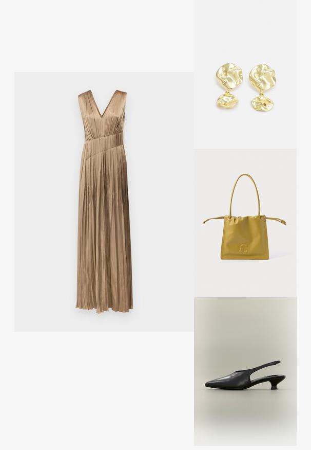 Lange, geplooide jurk in een lichte beige kleur met een V-hals en brede schouderbanden. Gemaakt van een gladde, gestructureerde stof.; Zwarte leren slingback schoen met puntige neus en lage kittenhak op een neutrale achtergrond.; Gele leren handtas met een trekkoordsluiting, gladde textuur en een geperst logo aan de voorkant. Heeft lange, slanke handvatten.; Gouden druppel oorbellen met een abstracte, textuurontwerp met twee ongelijkvormige elementen, één grotere boven en een kleinere daaronder.