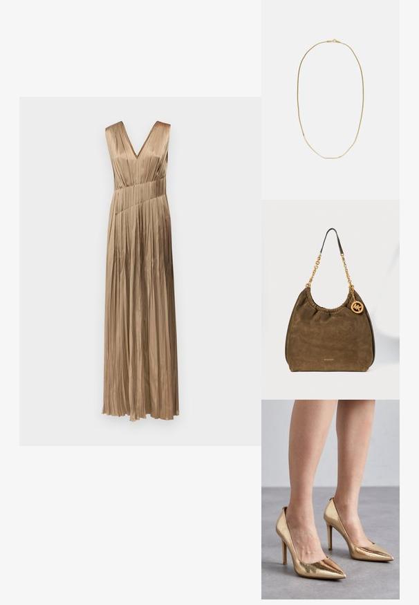 Vestido largo y plisado en un color beige claro con escote en V y tirantes anchos. Fabricado en un tejido liso y texturizado.; Bombas de tacón alto doradas con punta afilada, que presentan un patrón de piel de serpiente texturizada y un acabado suave. El tacón de aguja añade altura.; Bolso de mano marrón de ante de Michael Kors con correa de cadena dorada y charm redondo con el logo MK colgando al lado.; Collar de oro con un diseño de cadena delgada y redondeada. Presenta una textura suave y un cierre simple en la parte posterior.
