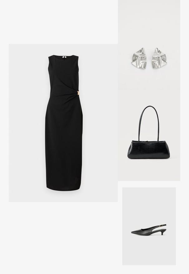 Sleevless sort midi-kjole med rund halsudskæring og side-drapering fastgjort med en guldfarvet spænde i taljen.; Sorte spidse slingback-sko lavet af glat læder. Har en tynd hæl og en spænde detalje på den justerbare rem.; Sort rektangulær skuldertaske med lange tynde stropper og en glat, blank tekstur på en ensfarvet baggrund.; Sølvmetal øreringe med et bølgende, skulpturelt design, der har en poleret overflade og uregelmæssige former, hvilket fremhæver en moderne æstetik.