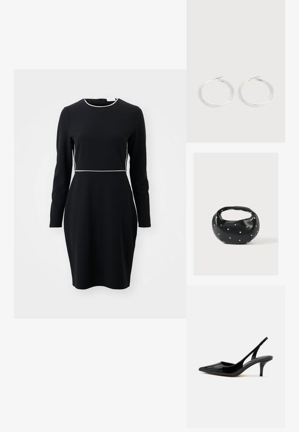 Schwarzes langärmeliges Kleid mit einem runden Ausschnitt und weißen Paspeln entlang der Taille und des Kragens. Aus einem glatten, dehnbaren Stoff gefertigt.; Schwarzer Slingback-Kittenschuh aus Lackleder mit spitzer Zehenpartie und niedrigem, schlankem Absatz auf weißem Hintergrund.; Schwarze Lederhandtasche mit abgerundeter Form, verziert mit silbernen Nietenakzenten und kurzem Griff. Glatte Struktur und Reißverschlussverschluss.; Paar glänzende silberne Creolen mit dünnen Drahtverschlüssen, dargestellt vor einem hellgrauen Hintergrund.