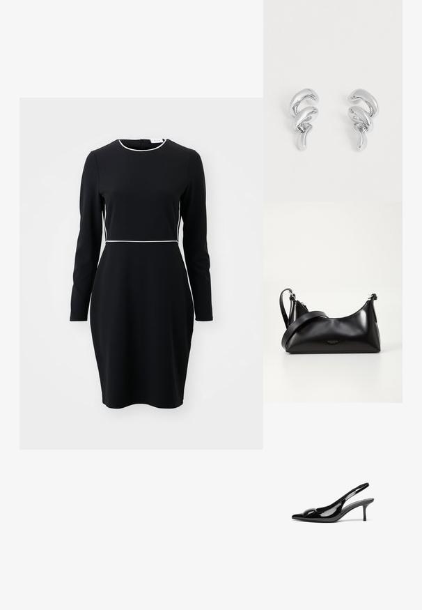 Schwarzes langärmeliges Kleid mit einem runden Ausschnitt und weißen Paspeln entlang der Taille und des Kragens. Aus einem glatten, dehnbaren Stoff gefertigt.; Schwarze patentierte Slingback-Absätze mit spitzem Zehenbereich und glänzender Oberfläche. Besitzt einen schlanken Absatz und eine abgerundete Akzentuierung am Schuhoberteil.; Schwarze lederne Handtasche mit glatter Textur. Verfügt über einen verstellbaren Riemen und ein elegantes, minimalistisches Design mit einem Reißverschluss.; Paar glänzende silberne gedrehte Metall-Creolen mit abstraktem, geschlungenem Design auf einfachem weißem Hintergrund.
