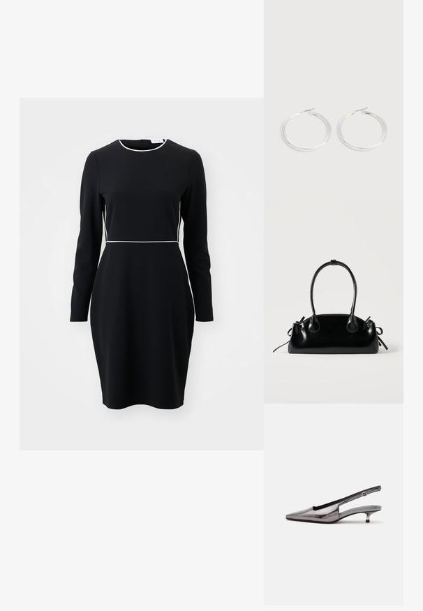 Schwarzes langärmeliges Kleid mit einem runden Ausschnitt und weißen Paspeln entlang der Taille und des Kragens. Aus einem glatten, dehnbaren Stoff gefertigt.; Metallic-grauer Slingback-Schuh mit spitzer Schuhspitze, niedrigem Kittenabsatz und verstellbarem Riemen auf weißem Hintergrund.; Kleine schwarze glänzende Handtasche mit zwei langen Griffen und seitlichen Kordelzug-Details vor einfachem hellem Hintergrund.; Paar glänzende silberne Creolen mit dünnen Drahtverschlüssen, dargestellt vor einem hellgrauen Hintergrund.