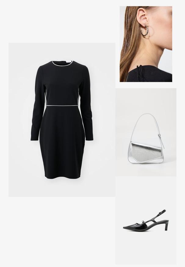 Schwarzes langärmeliges Kleid mit einem runden Ausschnitt und weißen Paspeln entlang der Taille und des Kragens. Aus einem glatten, dehnbaren Stoff gefertigt.; Schwarzer Slingback-Schuh aus Lackleder mit spitzer Kappe, niedrigem Absatz und zwei verstellbaren Schnallenriemen, seitlich dargestellt.; Silberfarbene metallische Handtasche mit dreieckiger Form, glatter Textur und einem dünnen, verstellbaren Schultergurt. Sie verfügt über ein umklappbares Design mit Nähten.; Silberne Creolen mit polierter Oberfläche, die kleine goldene Akzentdetails und eine runde Form aufweisen, am Ohrläppchen getragen.