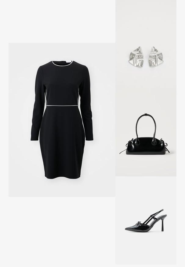 Schwarzes langärmeliges Kleid mit einem runden Ausschnitt und weißen Paspeln entlang der Taille und des Kragens. Aus einem glatten, dehnbaren Stoff gefertigt.; Schwarzer Slingback-Schuh aus Lackleder mit spitzer Spitze, dünnem Absatz und doppelt über dem Rist verlaufenden Riemchen.; Kleine schwarze glänzende Handtasche mit zwei langen Griffen und seitlichen Kordelzug-Details vor einfachem hellem Hintergrund.; Silberne Metallohrringe mit einem wellenförmigen, skulpturalen Design, das eine polierte Oberfläche und unregelmäßige Formen aufweist, die eine zeitgenössische Ästhetik betonen.