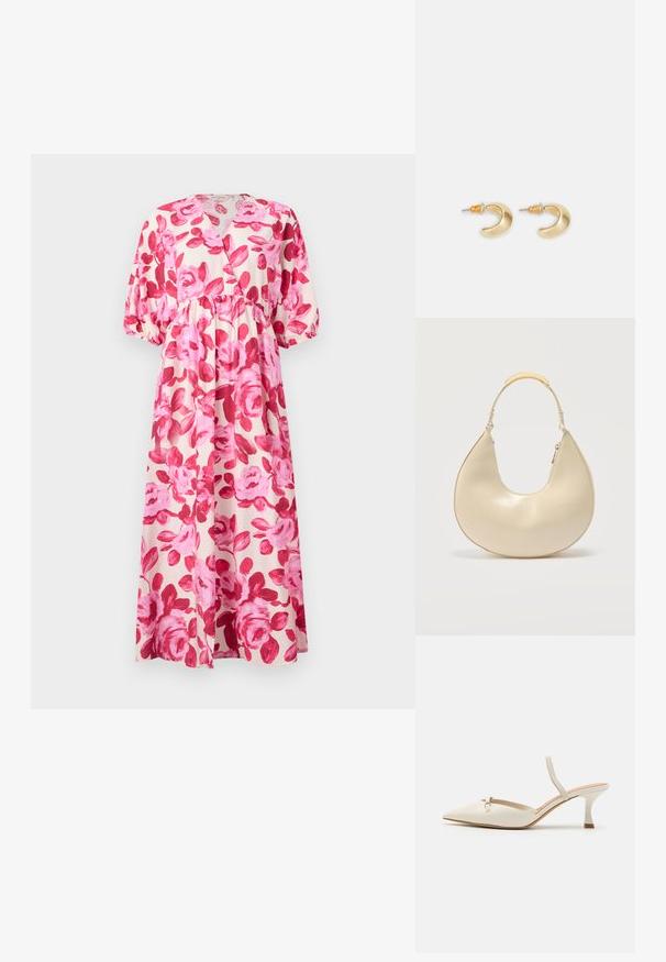 Vestido maxi floral en tejido ligero, con un patrón de rosas rosas, escote en V, cintura ceñida y mangas abullonadas con puños elásticos.; ALDO NAILAH - Tacones - white/bone; Bolso de mano color crema en forma de media luna con un asa corta que presenta un detalle metálico dorado y cierre lateral con cremallera.; Pendientes en forma de media luna de oro con un acabado suave, que presentan acentos naranjas cerca del pasador y herrajes de plata.
