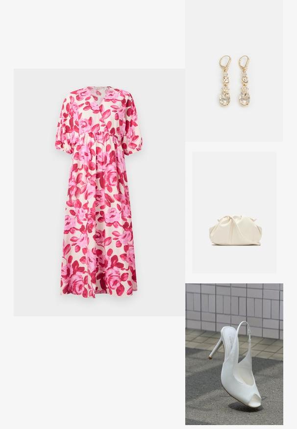 Bloemrijke maxi-jurk van lichte stof, met een roze rozenpatroon, V-hals, ingezette taille en pofmouwen met elastische manchetten.; Witte hoge hak slingback schoen met open teen op het trottoir voor een betegelde muur, met een schaduw op de grond.; Zachte, crèmekleurige leren clutch met geplooid, gerimpeld ontwerp en een dunne schouderriem die vooraan op een effen achtergrond ligt.; Goudkleurige oorhangers met een heldere ovale crystal aan de basis, verfraaid met kleinere kristallen en bloemdetails erboven.