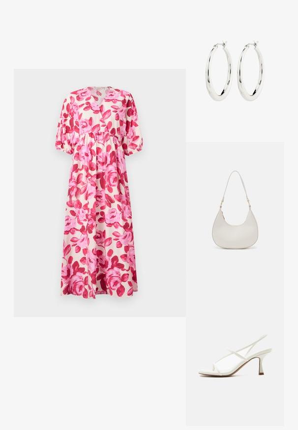 Vestido maxi floral en tejido ligero, con un patrón de rosas rosas, escote en V, cintura ceñida y mangas abullonadas con puños elásticos.; Sandalia blanca de mujer con tacón, puntera abierta, tiras delgadas cruzadas y talonera en un fondo claro.; Bolso de hombro de cuero crema con forma de media luna, correa delgada y sutil detalle de costuras. Diseño minimalista con acentos de hardware en tono dorado.; Pendientes de aro de plata con un acabado suave y brillante. Forma circular, con un cierre seguro. Diseño sencillo y elegante.