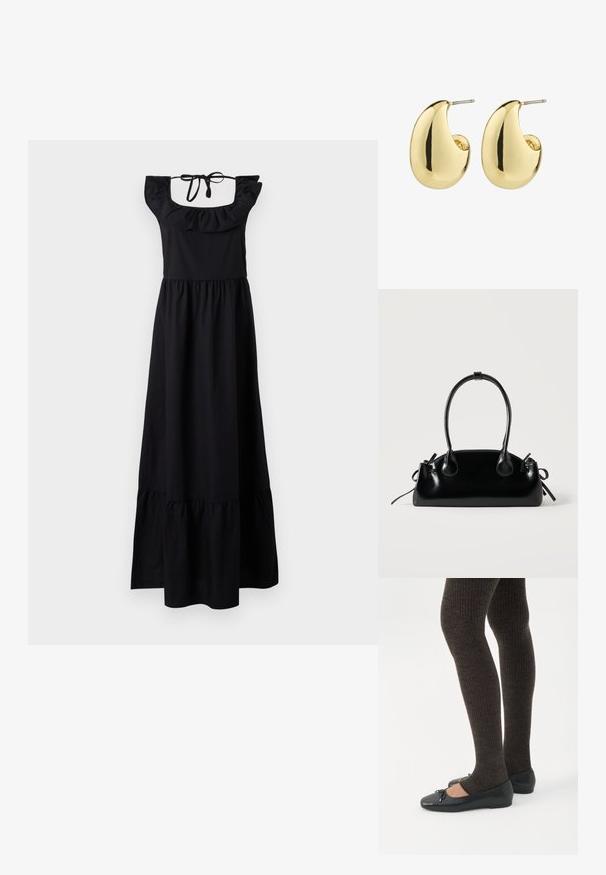 Vestido maxi negro de algodón, con un escote con volantes, espalda cuadrada, y cierre de lazo en el cuello, con una falda de capas.; Piernas con leggings oscuros acanalados combinados con bailarinas negras que presentan pequeños detalles de lazo sobre un fondo blanco.; Pequeño bolso negro brillante con dos asas largas y detalles de cordón lateral sobre un fondo claro liso.; Pendientes de stud en tono dorado con una superficie suave y pulida, que presentan una forma abstracta en forma de lágrima. Hardware de metal simple para la sujeción.
