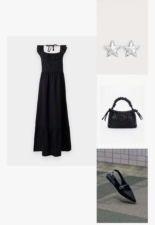 Vestido maxi negro de algodón, con un escote con volantes, espalda cuadrada, y cierre de lazo en el cuello, con una falda de capas.; Zapato plano negro de punta puntiaguda con tiras de doble hebilla y talón descubierto, descansando sobre asfalto gris cerca de una pared con azulejos.; Bolso negro con textura de cocodrilo, borde superior fruncido, asa recogida y cordones con borlas en cada lado sobre un fondo blanco.; Pendientes en forma de estrella plateada con una superficie pulida y brillante. Cada pendiente presenta cinco puntas y sutiles detalles de textura en la superficie.